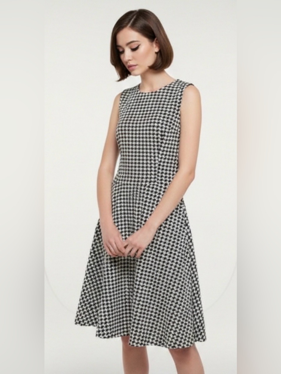 Chaps Sz 14 Black And White Houndstooth Sleeveless Fit-And-Flare Dress